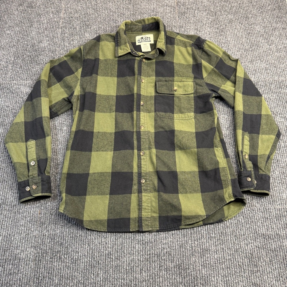Old Mill Mens L Flannel Shirt Olive Green Black Buffalo Plaid Cotton Blend L/S